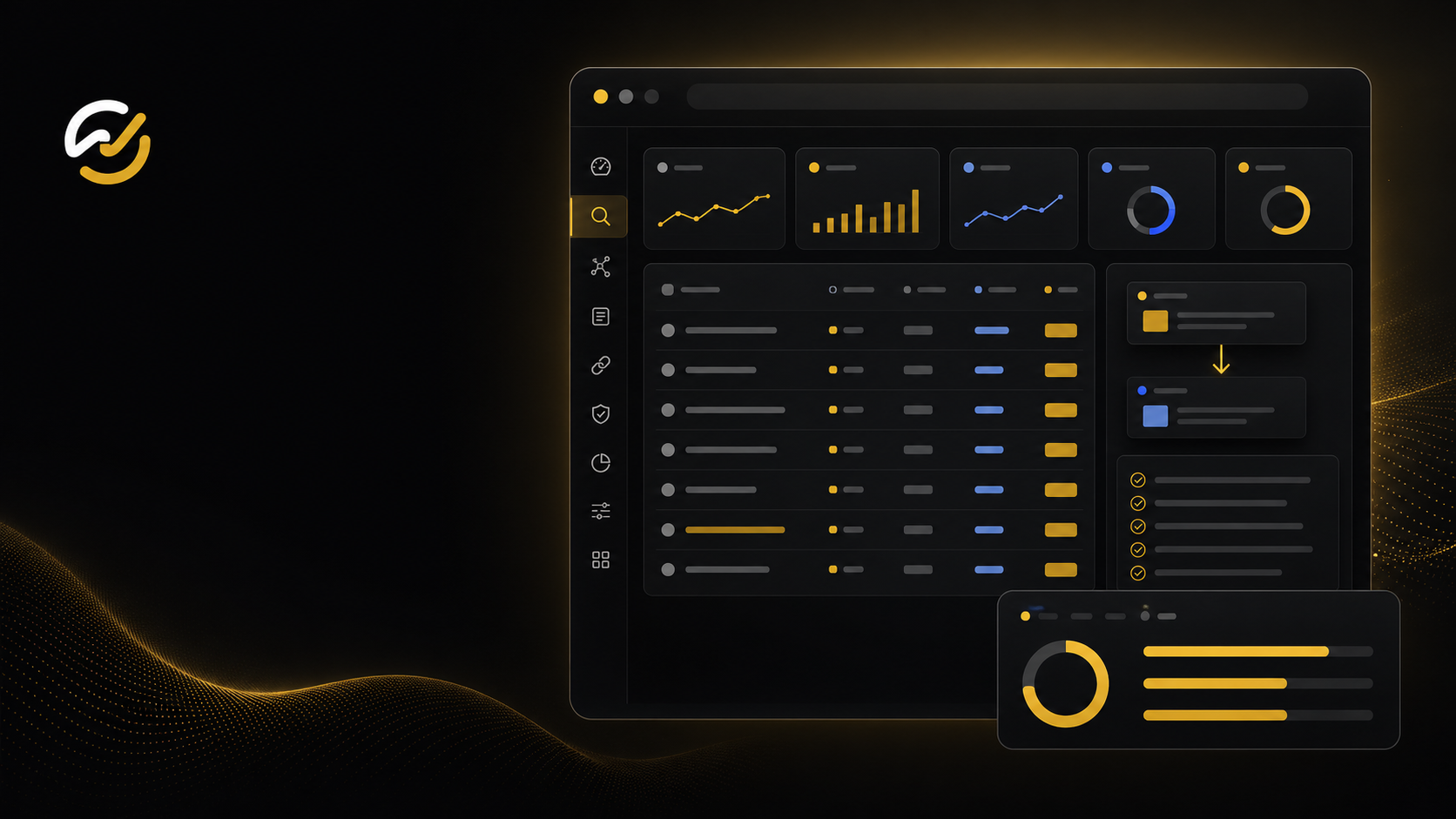 Abstrakte SealScore Analytics-Oberfläche mit Query-Tabelle, internen Link-Signalen, Content-Fix-Karten und goldenen Datenakzenten ohne eingebetteten Text.
