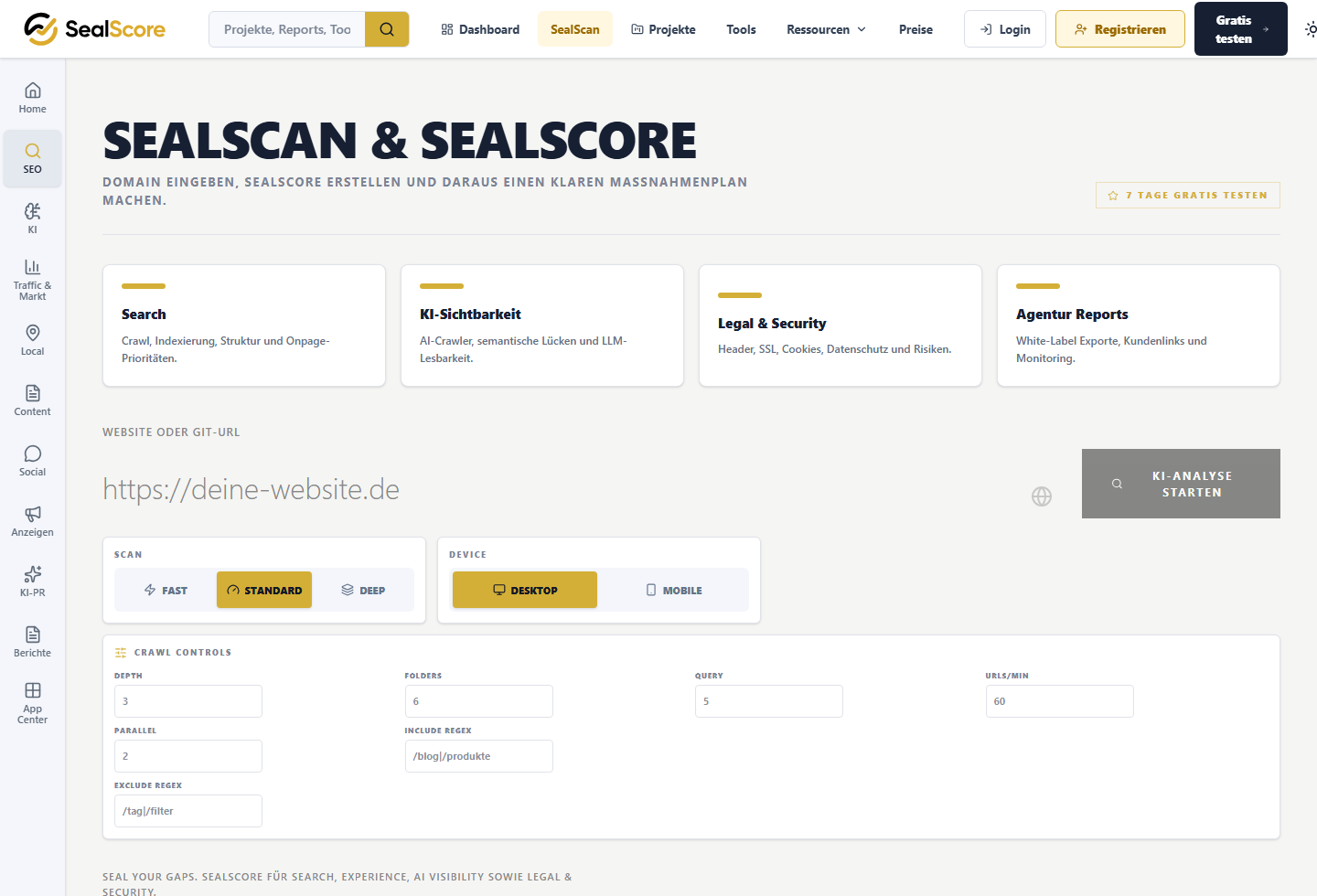 SealScore SealScan Oberfläche mit Scan-Modi und Website-Audit-Einstieg.