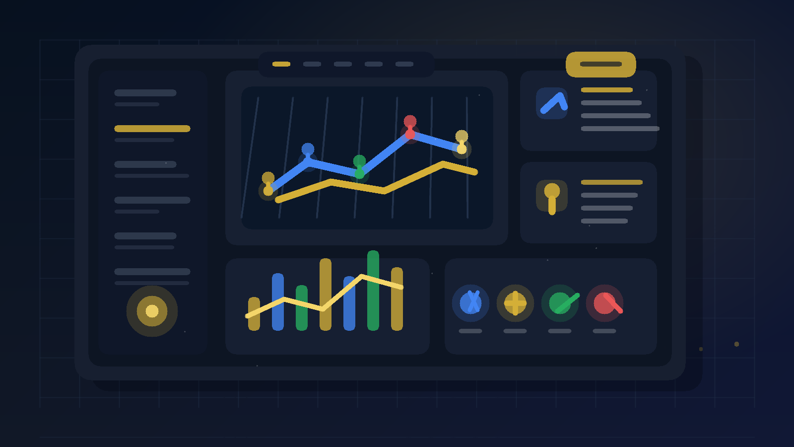 Dunkles Analytics Dashboard mit Google Business Profile Signalen, Karten-Pins, Anrufen, Wegbeschreibungen, Buchungen und lokalen SEO-Metriken.